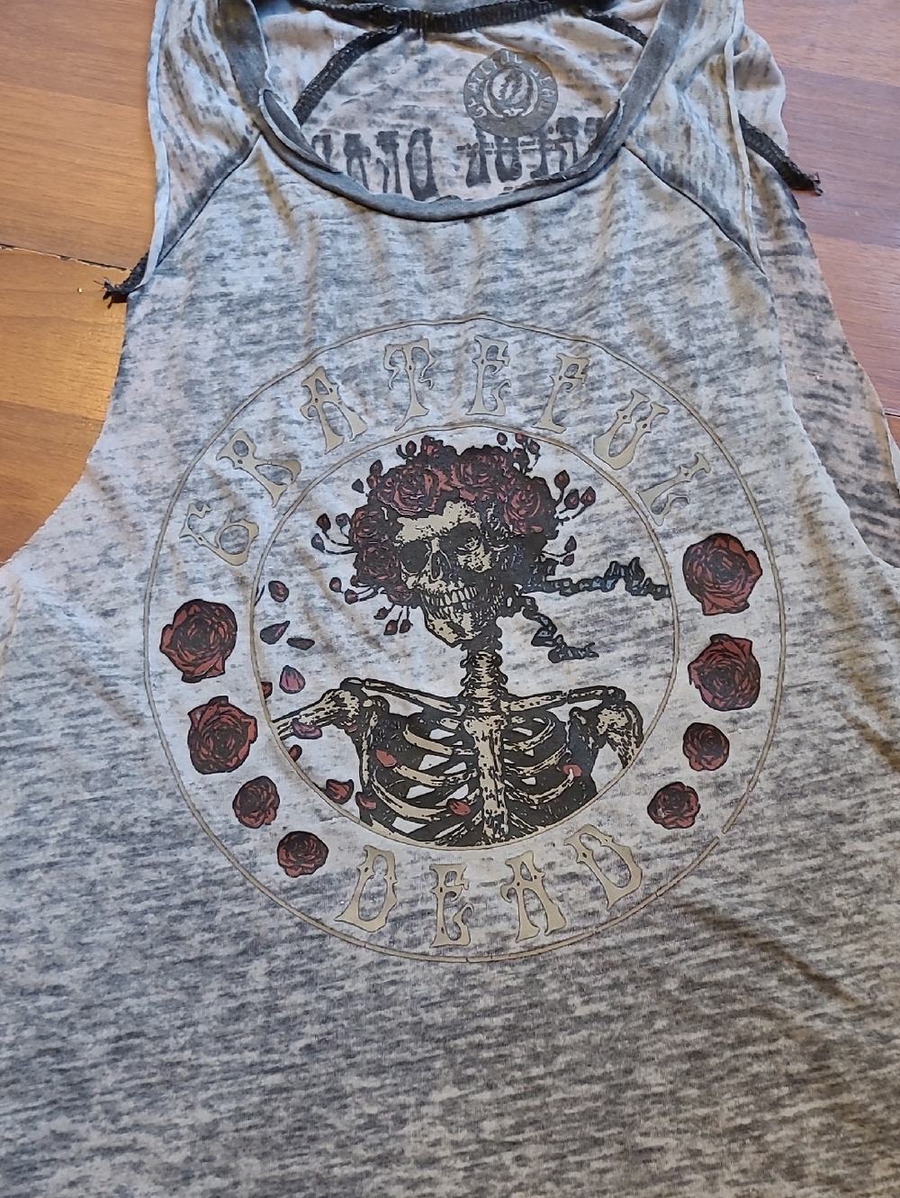 Grateful Dead Gray Burnout Tank with Red Rose Skull Graphic